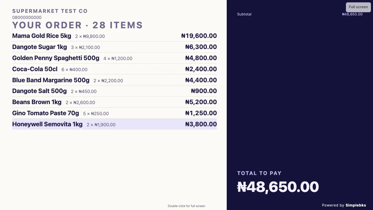 Customer display showing each item, its price and the total to pay